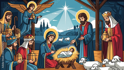Nativity scene with mary joseph jesus and the three wise men in a stable surrounded by sheep and an angel
