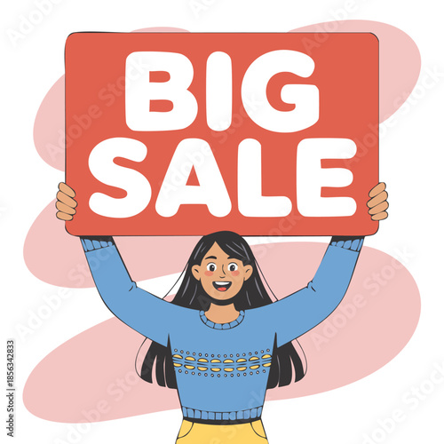 Happy Woman Holding a "Big Sale" Sign