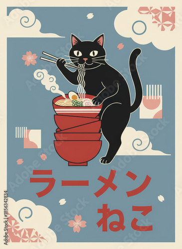 black cat eating ramen with chopsticks
