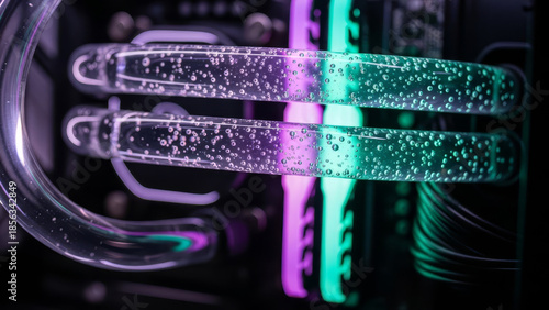 Close-up of liquid cooling tubes with bubbles and vibrant RGB lighting in a computer