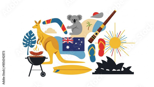 Australian summer vacation elements with kangaroo koala barbecue surfboard and australian flag