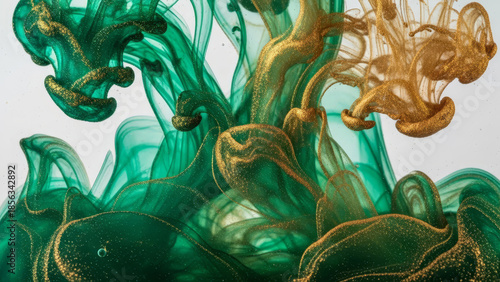 Emerald Green and Gold Glitter Swirls Abstract Fluid Art Background