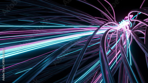 Abstract Neon Light Trails Flowing Through Dark Digital Space - Futuristic Technology and Data Flow Concept