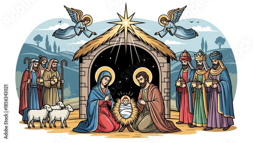 Nativity scene with mary, joseph, jesus, angels, shepherds, and kings in a manger