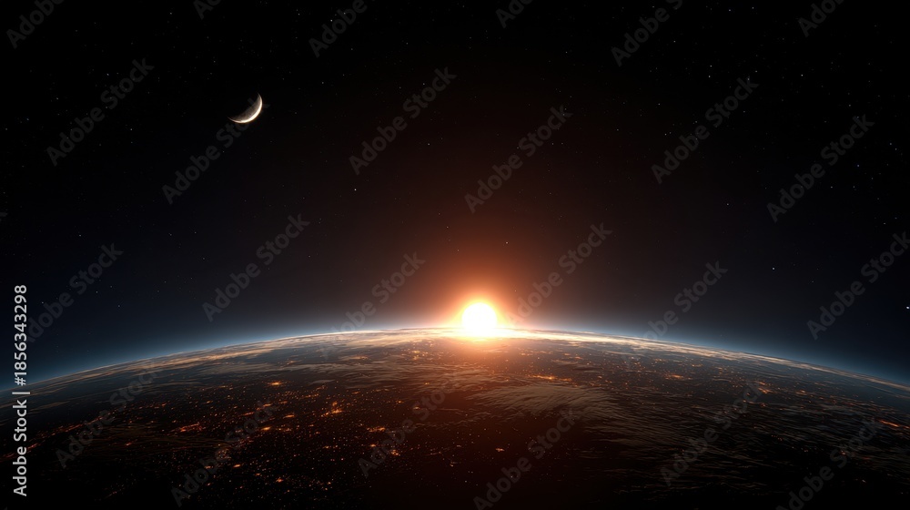 Fototapeta premium Dramatic Sunrise Over Earth Showing City Lights with Crescent Moon in Starry Sky