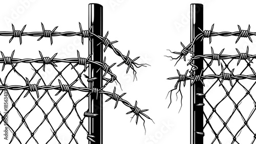 Barbed wire fence with a broken section, symbolizing freedom and escape from confinement or restriction.