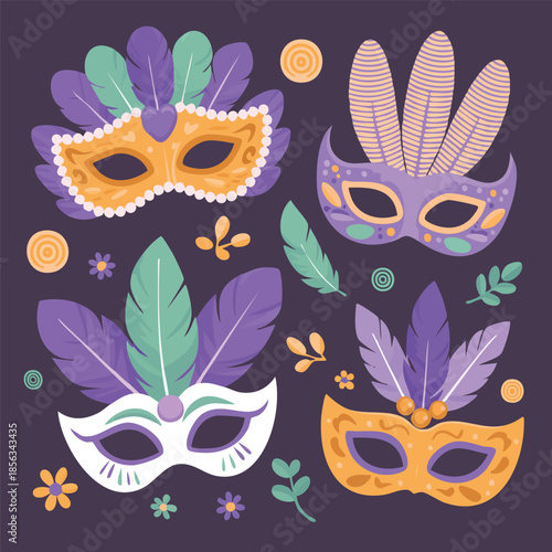 Mardi Gras Masks with Feathers and Flowers