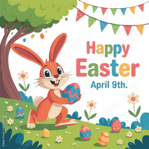 Happy Easter Bunny Holding an Easter Egg in a Spring Meadow