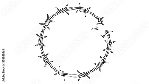 Circular barbed wire fence with a broken section on a white background.