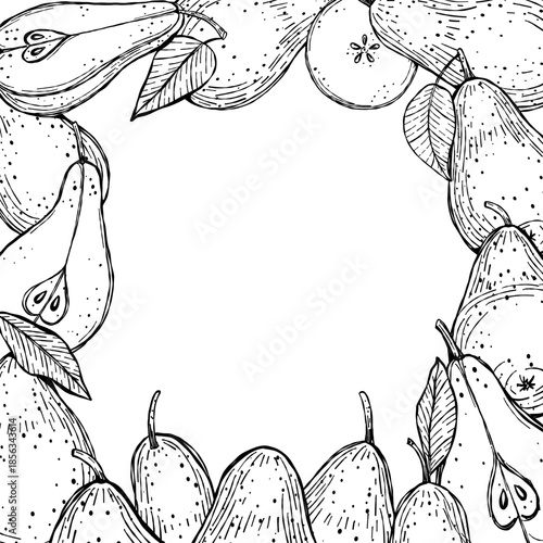 Hand-drawn vector illustration of pears arranged in a decorative square frame. A botanical template includes whole and sliced pears with leaves with an empty place text to insert. 