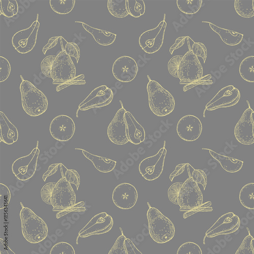 Stylish vector seamless pattern of hand-drawn yellow pears and citrus fruits on a gray background. Ideal for wallpapers, wrapping paper, packaging, and fabric design
