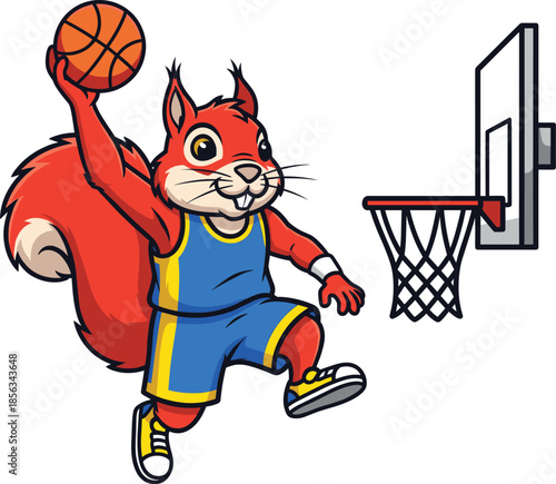 Cartoon Red Squirrel Slam Dunking Basketball in Sports Uniform Vector for Athletic Mascot, Kids Entertainment, and Action Illustration