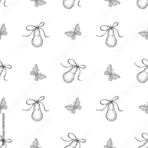 Vector seamless pattern of hand-drawn pears tied with bows and butterflies in black and white. Perfect for children's books, coloring pages, wallpaper, textiles, and rustic-themed print materials
