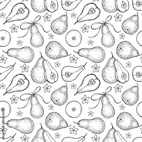 Vector illustration of a seamless hand-drawn pattern with pears, blossoms, and ribbons on a white background. Great for textile design, wrapping paper, packaging, and coloring pages.