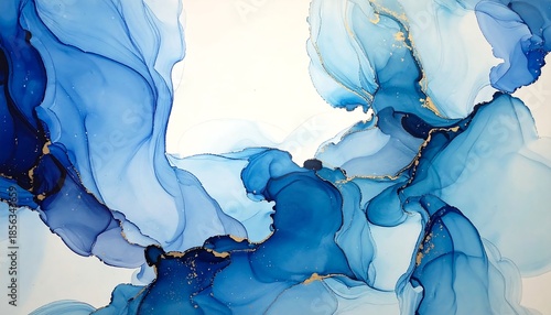 An abstract alcohol ink painting with swirling blues and hints of gold on a white backdrop, evoking ethereal wisps