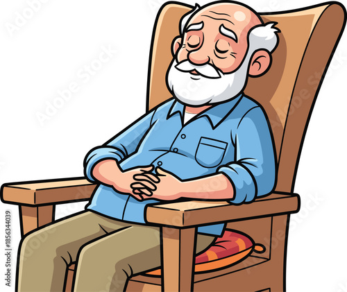 Cartoon illustration of elderly man with white beard sleeping peacefully on wooden chair, relaxing, resting, calm lifestyle, senior retirement concept.