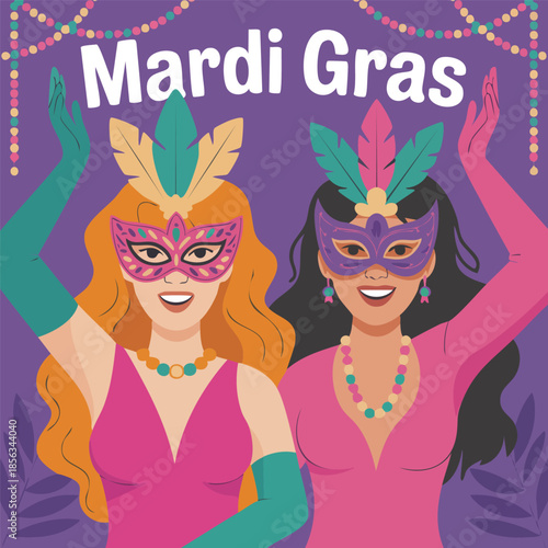 Two Women Enjoying a Vibrant Mardi Gras Celebration