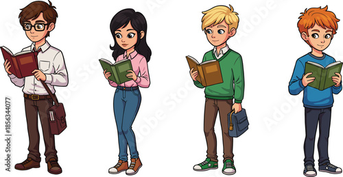 Cartoon illustration of diverse students reading books, young boys and girl characters studying, education concept, knowledge learning, academic lifestyle vector