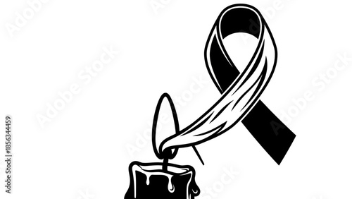 Black ribbon and burning candle symbolizing remembrance, awareness, and support for various causes.