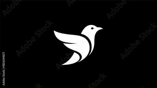 Minimalist white bird logo design on a black background.