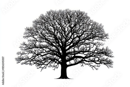 Silhouette of Deciduous Tree with Bare Branches Against White Background in Winter