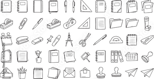 Set of Minimalist Hand Drawn Office and School Stationery Icons