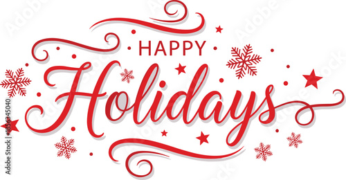 Happy holidays red typography design with snowflakes and stars, festive greeting card isolated on white, cad drawing flat vector illustration.