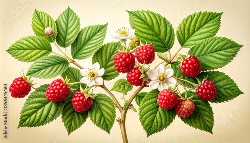 Redberry Plant Botanical Illustration with Flowers, Leaves, and Ripe Berries – Detailed Scientific Botanical Art on Cream Background