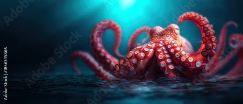 Pirate Ocean Mystical concept. Vibrant octopus swimming in deep blue ocean waters.