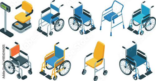 Isometric medical mobility equipment illustration set, wheelchairs, walkers, patient chairs, hospital care devices isolated on white background