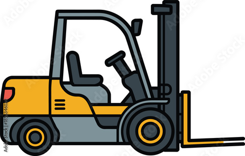 Yellow forklift truck vector illustration, industrial warehouse lifting vehicle, logistics transport equipment isolated on white background for commercial use