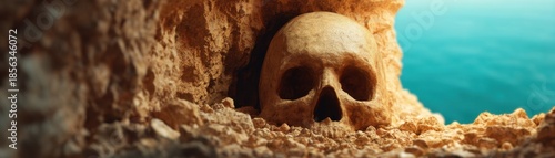 Pirate Ocean Mystical concept. Skull partially buried in rocks near water.