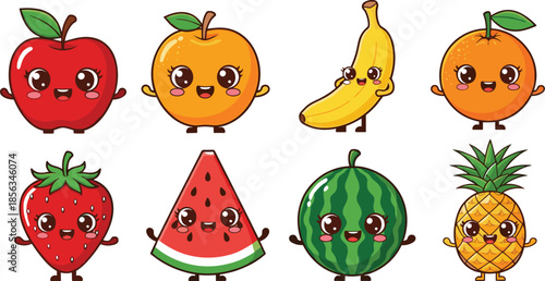 Cute Cartoon Fruits with Arms and Smiling Faces for Kids Education, Healthy Food Poster, Fun Fruit Characters for Children Learning Design