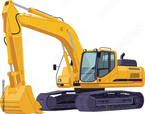 Yellow hydraulic excavator construction machine illustration, heavy equipment for building, digging, engineering, industrial earthmoving projects isolated on white background