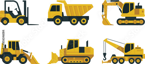 Construction vehicle icons set illustration, excavator, bulldozer, crane, dump truck, forklift, heavy machinery isolated on white background