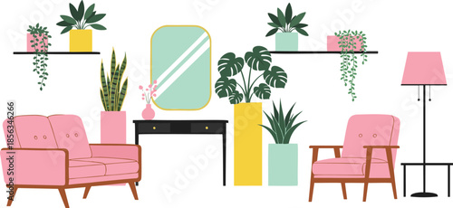 Modern Living Room Interior Vector Illustration with Pink Sofa Armchair Indoor Plants Shelves and Minimal Home Decor