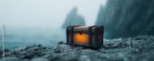 Pirate Ocean Mystical concept. Mysterious treasure chest on rocky shore in foggy environment.
