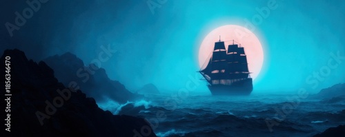Pirate Ocean Mystical concept. Mystical ship sailing under a glowing moon in a serene ocean.
