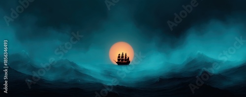Pirate Ocean Mystical concept. A ship sailing on turbulent waters at sunset with a moody atmosphere.