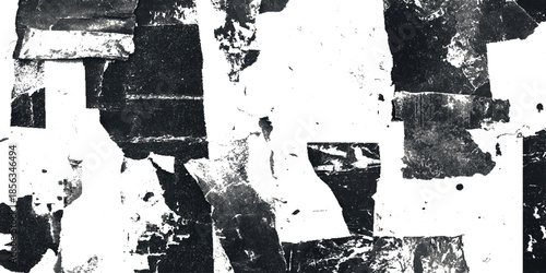 A striking black and white abstract composition featuring fragmented shapes and textures creating a dynamic visual experience