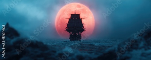 Pirate Ocean Mystical concept. A ship sailing under a large, glowing moon on a turbulent sea.