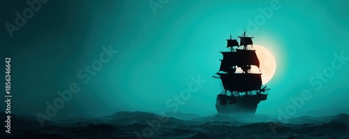 Pirate Ocean Mystical concept. A majestic ship sailing under a glowing moonlit sky.