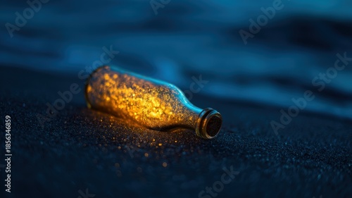 Pirate Ocean Mystical concept. A glowing bottle on the sand by the water's edge at dusk.
