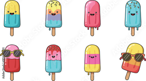 Cute kawaii popsicle ice cream illustration cartoon vector set with happy faces, sprinkles, sunglasses, and colorful summer desserts isolated white background