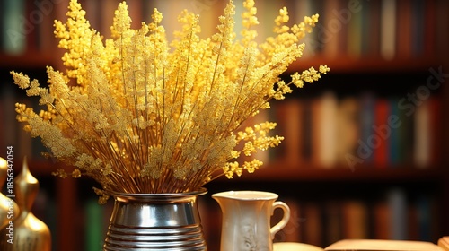 Gilded floral arrangement near open book.