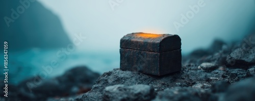 Pirate Ocean Mystical concept. Mysterious treasure chest on a rocky shore near water.