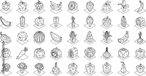 Isometric Fruit and Vegetable Icon Set
