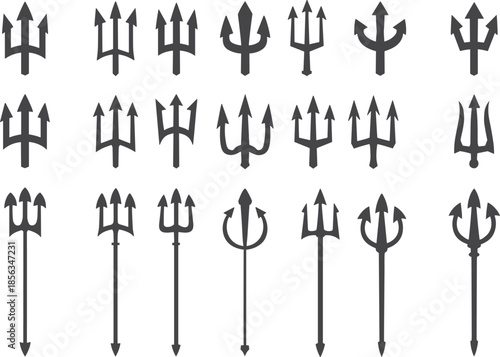 Collection of twenty unique trident icons with diverse prong styles and artistic silhouettes, mythological Neptune Poseidon weapon symbol illustration