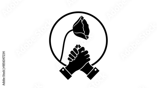 Black and white vector illustration of two hands clasped in prayer with a poppy flower in a circular frame, symbolizing remembrance and peace.