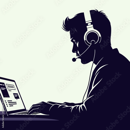 Young Man Using Laptop With Headset For Customer Support